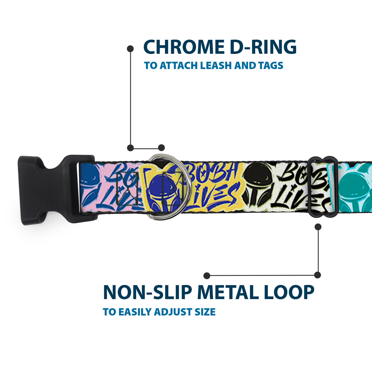 Plastic Clip Collar - Boba Fett BOBA LIVES Graffiti Stacked Multi Color Dog Collars Plastic Clip Side Release Star Wars