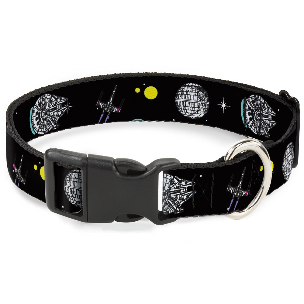 Plastic Clip Collar - Star Wars Death Star Millennium Falcon and X-Wing Fighter in Space Black Dog Collars Plastic Clip Side Release Star Wars