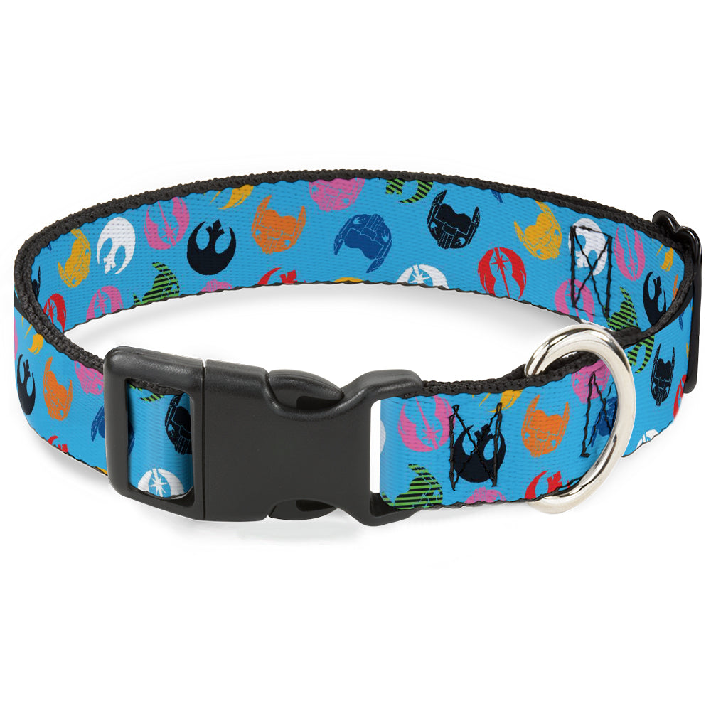 Plastic Clip Collar - Star Wars Jedi Order and Rebel Alliance Icons Scattered Blue/Multi Color Dog Collars Plastic Clip Side Release Star Wars