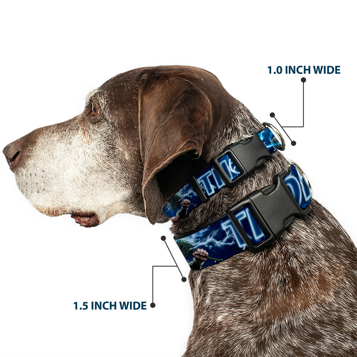Plastic Clip Collar - Avengers THOR Hammer/Action Pose Galaxy Blues/White Dog Collars Plastic Clip Side Release Marvel Comics