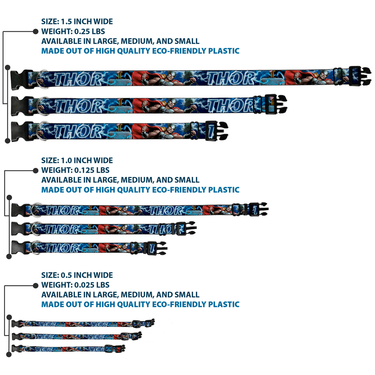 Plastic Clip Collar - Avengers THOR Hammer/Action Pose Galaxy Blues/White Dog Collars Plastic Clip Side Release Marvel Comics