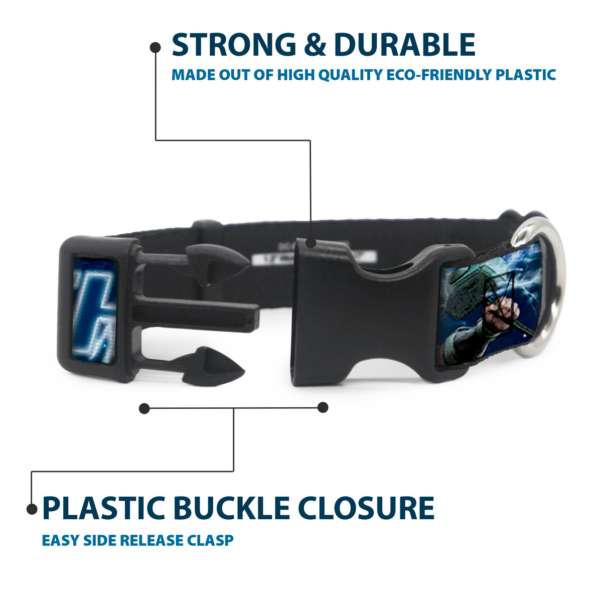 Plastic Clip Collar - Avengers THOR Hammer/Action Pose Galaxy Blues/White Dog Collars Plastic Clip Side Release Marvel Comics