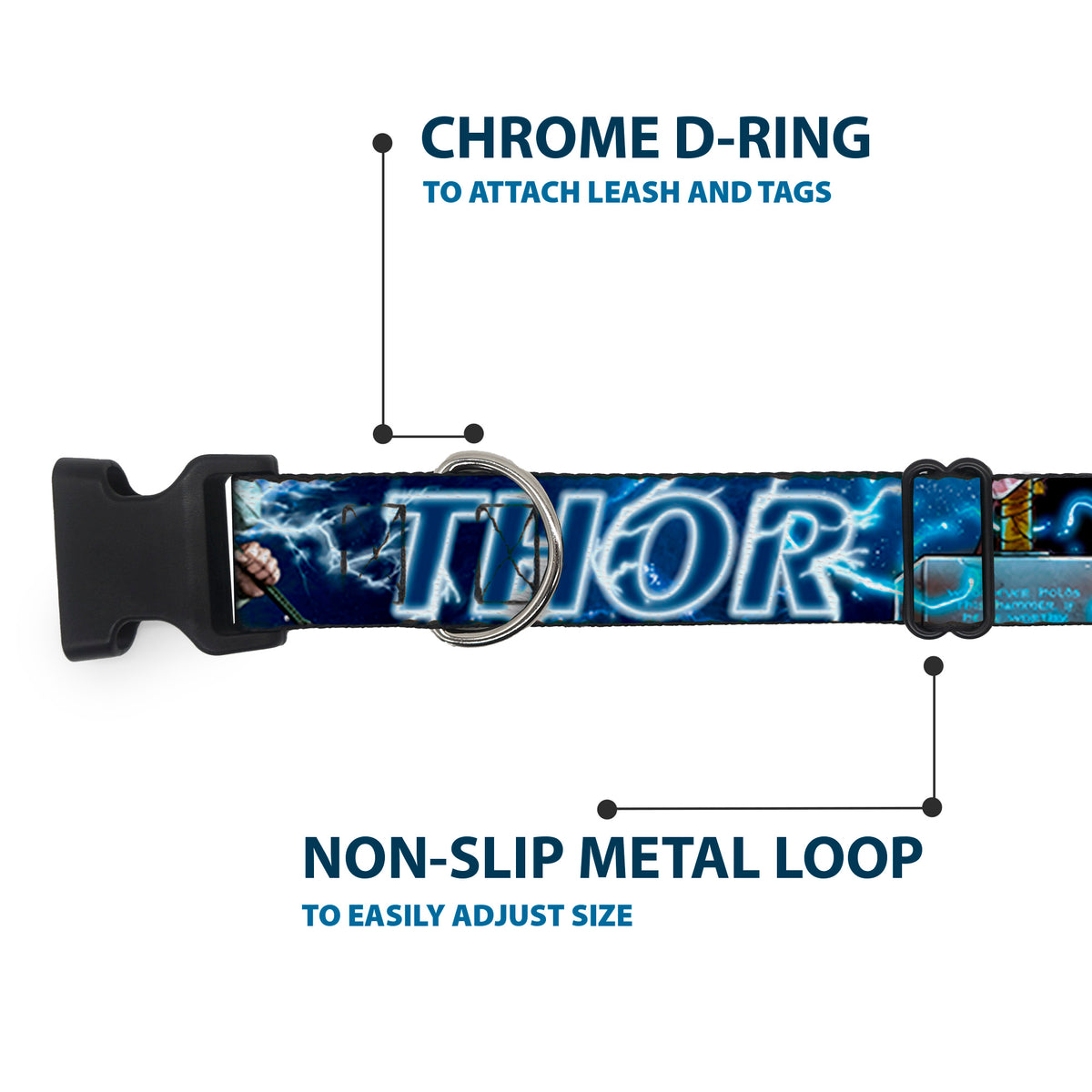 Plastic Clip Collar - Avengers THOR Hammer/Action Pose Galaxy Blues/White Dog Collars Plastic Clip Side Release Marvel Comics