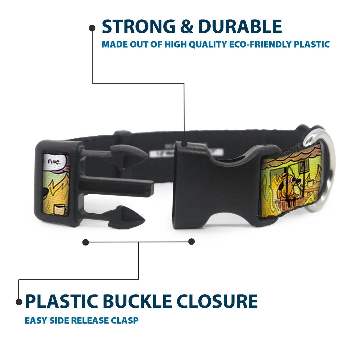 Plastic Clip Collar - THIS IS FINE Question Hound Cafe Fire Comic Strip Blocks Dog Collars Plastic Clip Side Release This is Fine