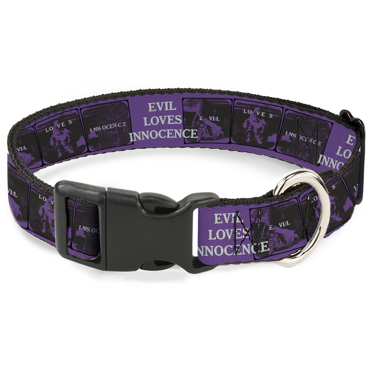 Plastic Clip Collar - The Conjuring EVIL LOVES INNOCENCE Pose Blocks Purple/Black Dog Collars Plastic Clip Side Release The Conjuring