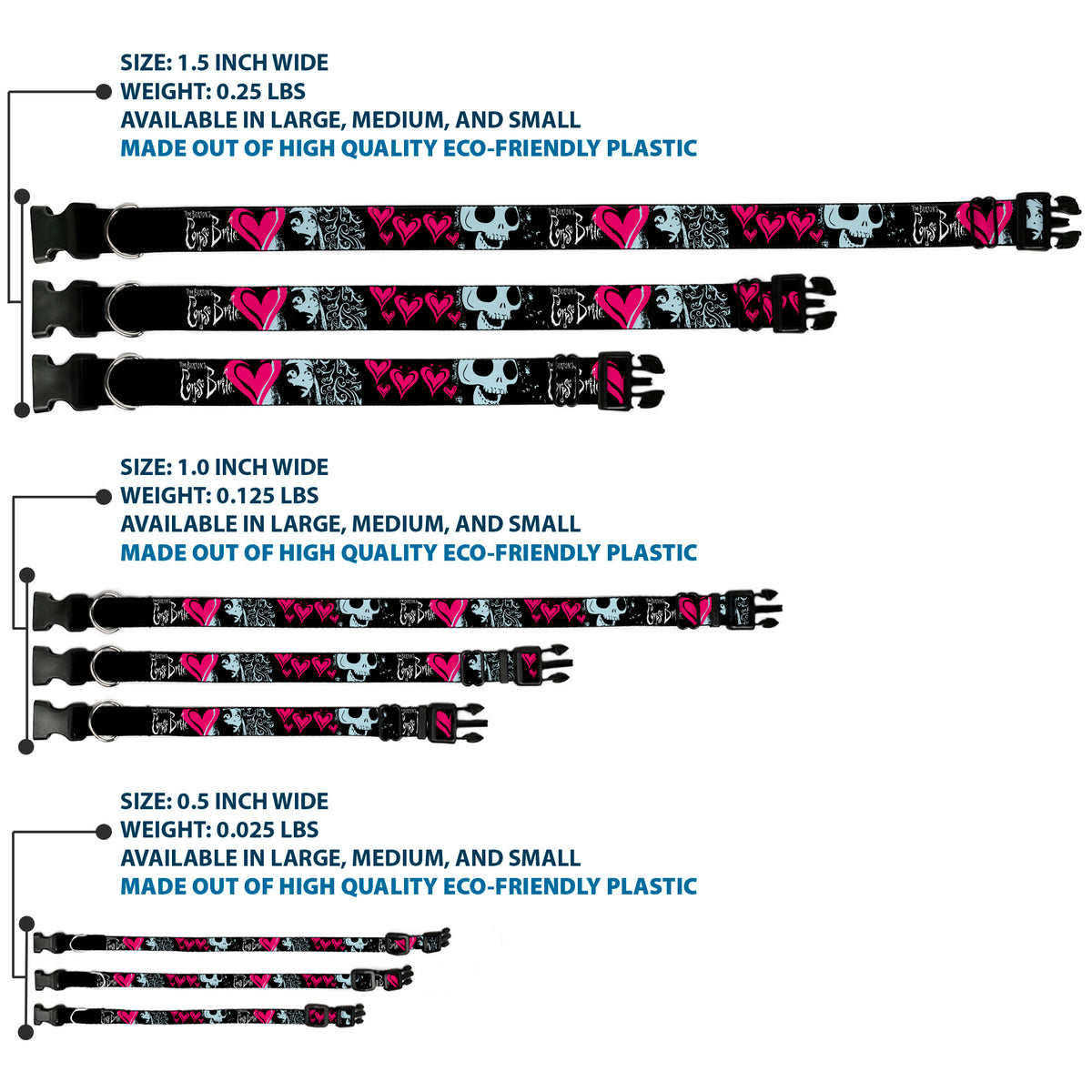 Plastic Clip Collar - CORPSE BRIDE Emily Hearts and Skull Black/Gray/Pink Dog Collars Plastic Clip Side Release Corpse Bride