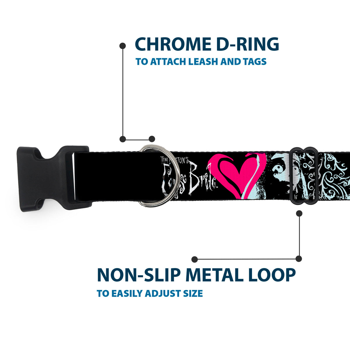 Plastic Clip Collar - CORPSE BRIDE Emily Hearts and Skull Black/Gray/Pink Dog Collars Plastic Clip Side Release Corpse Bride