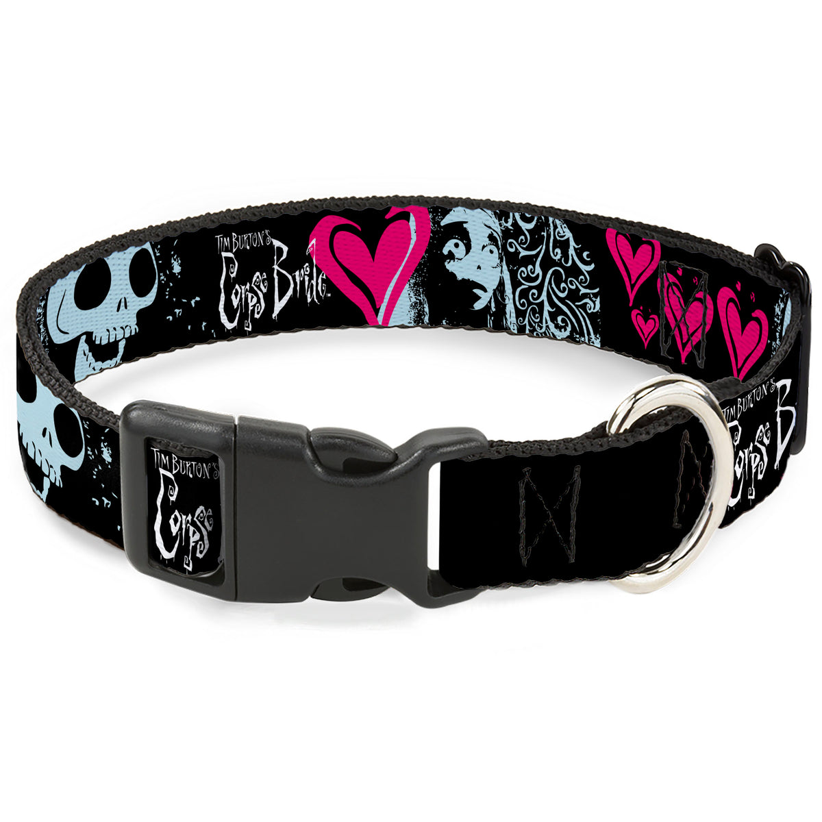 Plastic Clip Collar - CORPSE BRIDE Emily Hearts and Skull Black/Gray/Pink Dog Collars Plastic Clip Side Release Corpse Bride