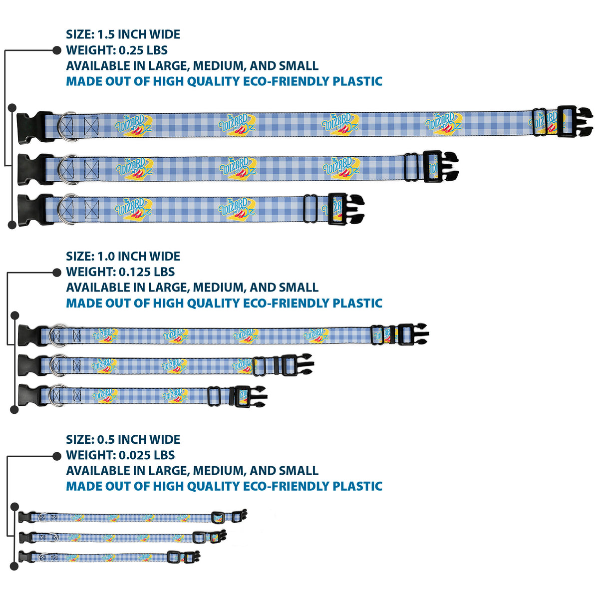 Plastic Clip Collar - THE WIZARD OF OZ Logo Gingham Checker Blues Dog Collars Plastic Clip Side Release The Wizard of Oz