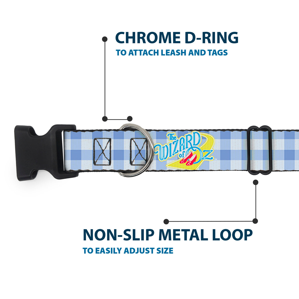 Plastic Clip Collar - THE WIZARD OF OZ Logo Gingham Checker Blues Dog Collars Plastic Clip Side Release The Wizard of Oz