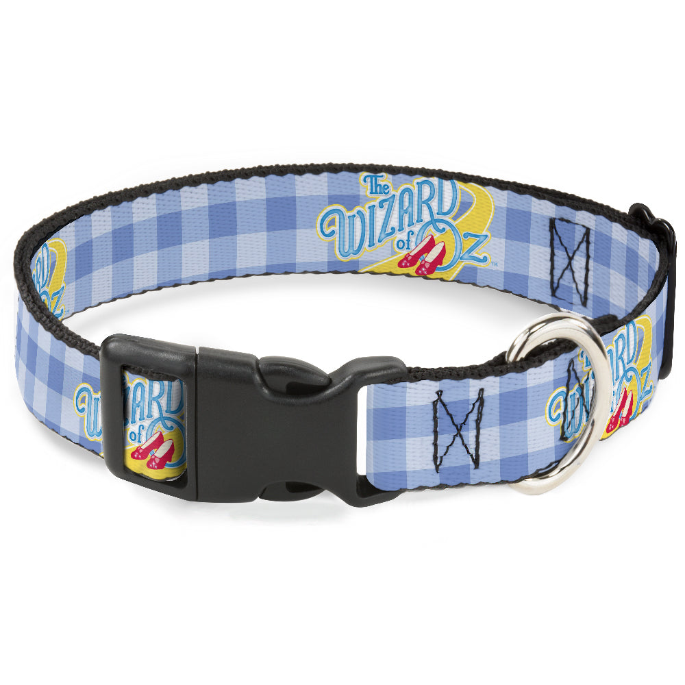 Plastic Clip Collar - THE WIZARD OF OZ Logo Gingham Checker Blues Dog Collars Plastic Clip Side Release The Wizard of Oz