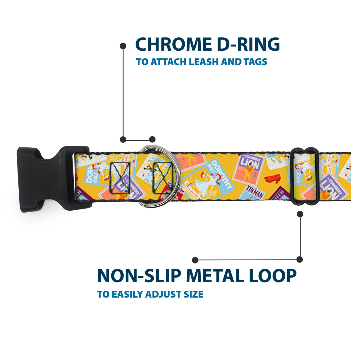 Plastic Clip Collar - The Wizard of Oz Characters Scenes and Icons Collage Yellow Dog Collars Plastic Clip Side Release The Wizard of Oz