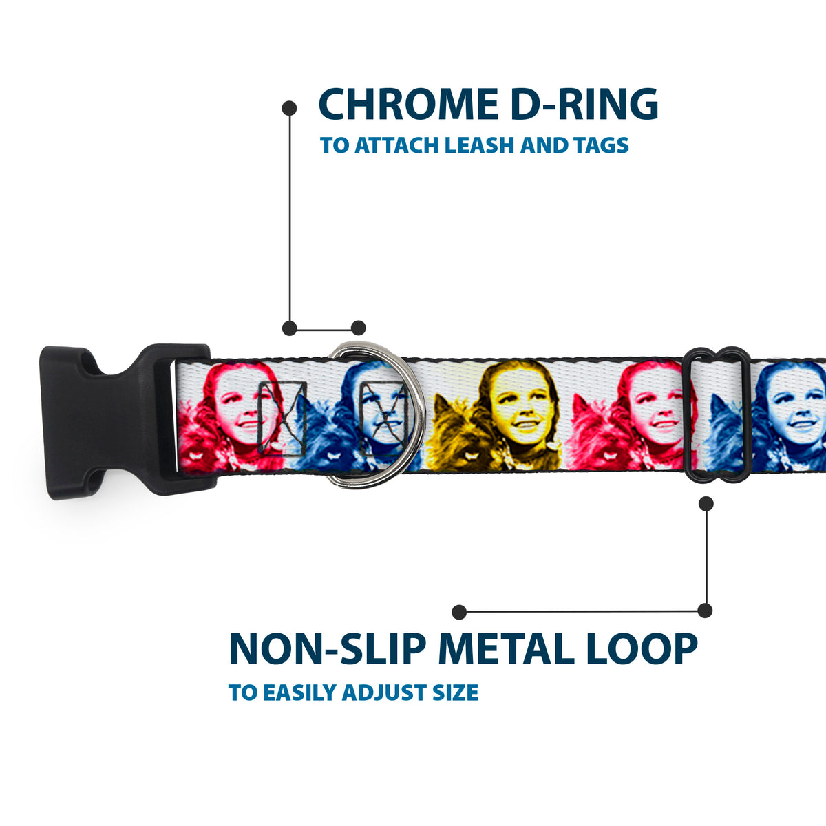 Plastic Clip Collar - The Wizard of Oz Dorothy and Toto Pose Blocks Blues/Yellows/Reds Dog Collars Plastic Clip Side Release The Wizard of Oz