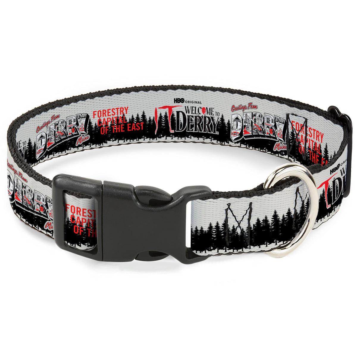 Plastic Clip Collar - IT WELCOME TO DERRY Icons and Forest Scenery White/Black/Red Dog Collars Plastic Clip Side Release IT