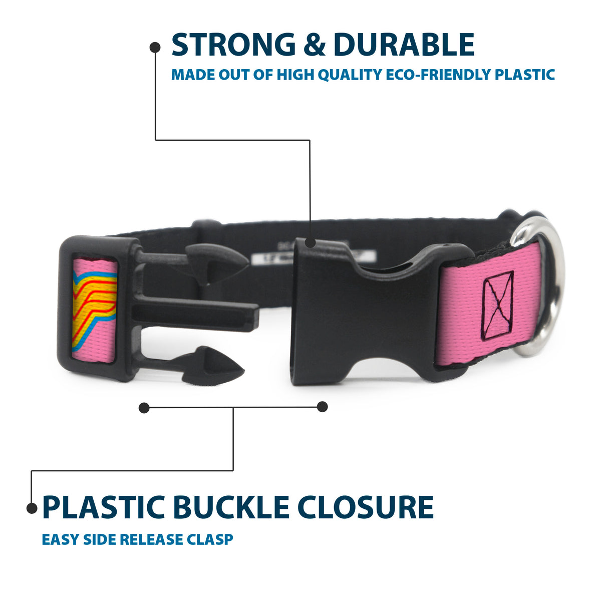 Plastic Clip Collar - Wonder Woman Logo Pink/Blue/Yellow/Pink Dog Collars Plastic Clip Side Release DC Comics