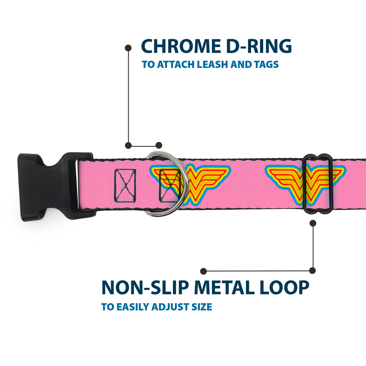 Plastic Clip Collar - Wonder Woman Logo Pink/Blue/Yellow/Pink Dog Collars Plastic Clip Side Release DC Comics