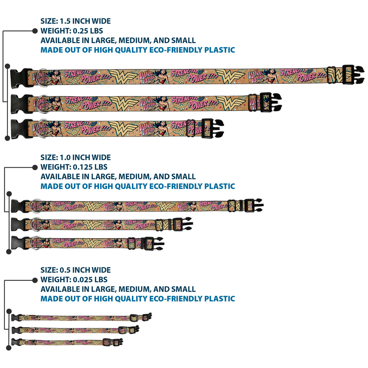 Plastic Clip Collar - Wonder Woman Strength & Power Dog Collars Plastic Clip Side Release DC Comics