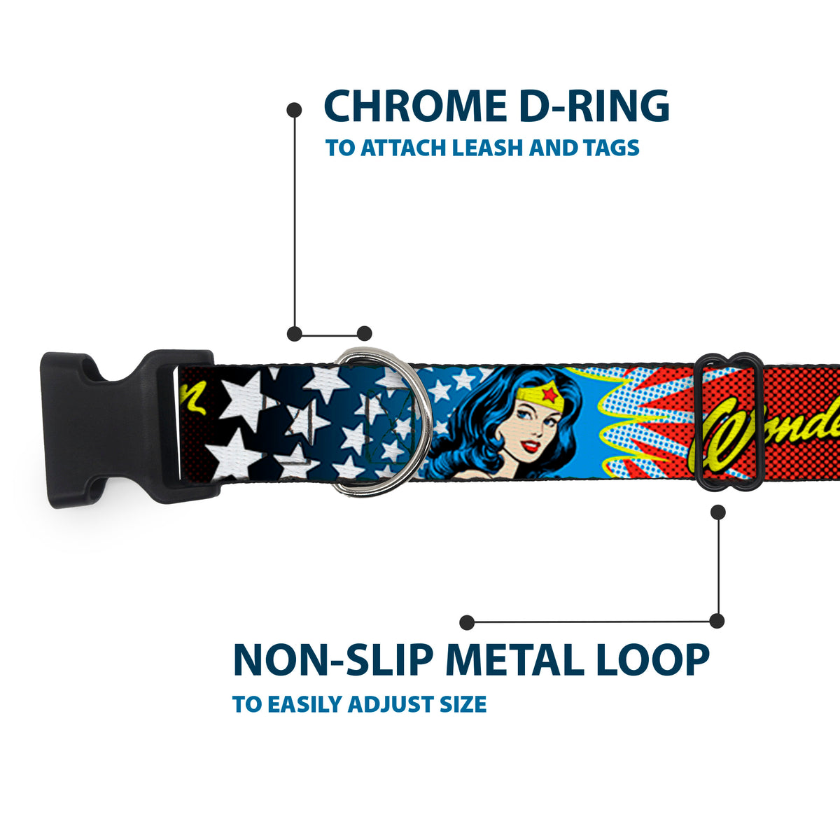 Plastic Clip Collar - Wonder Woman Face w/Stars Dog Collars Plastic Clip Side Release DC Comics