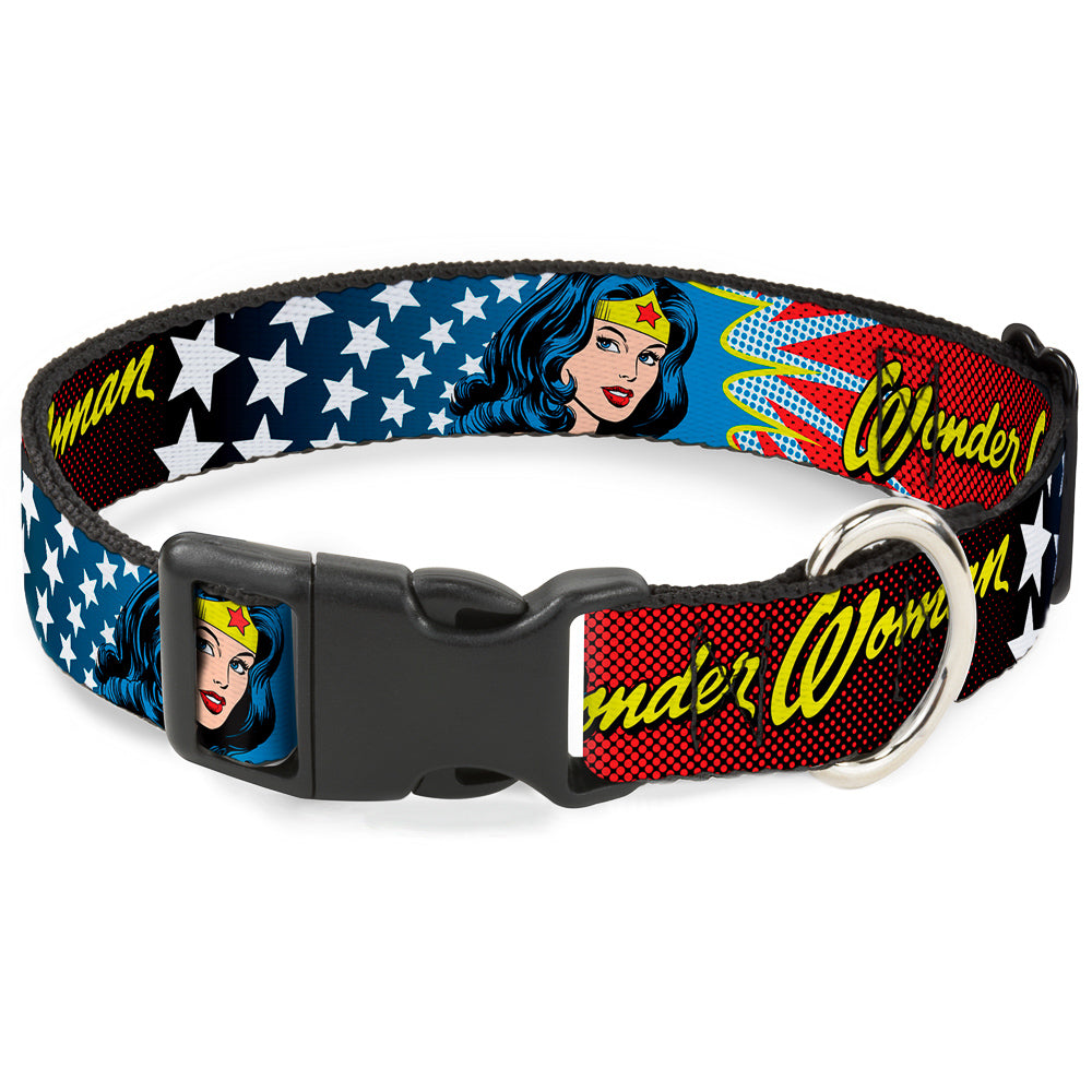 Plastic Clip Collar - Wonder Woman Face w/Stars Dog Collars Plastic Clip Side Release DC Comics