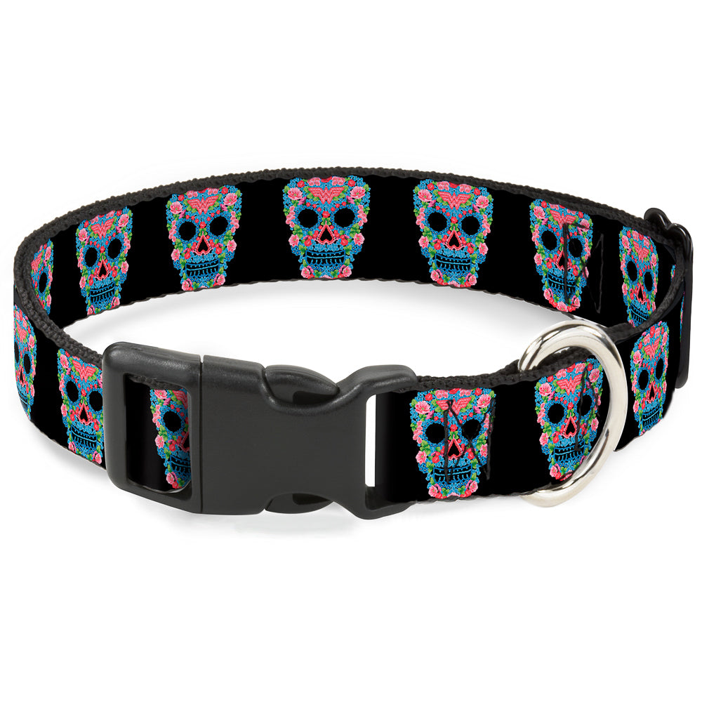 Plastic Clip Collar - Wonder Woman Floral Skull Black/Multi Pastel Dog Collars Plastic Clip Side Release DC Comics