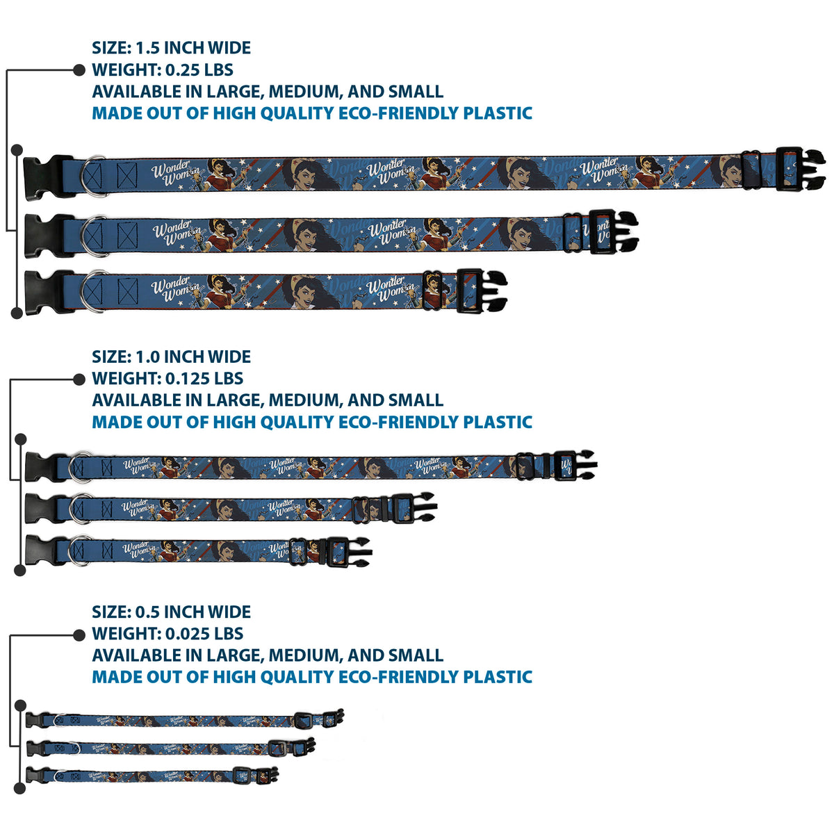 Plastic Clip Collar - WONDER WOMAN/Bombshell Pose Blue/Red/White Dog Collars Plastic Clip Side Release DC Comics