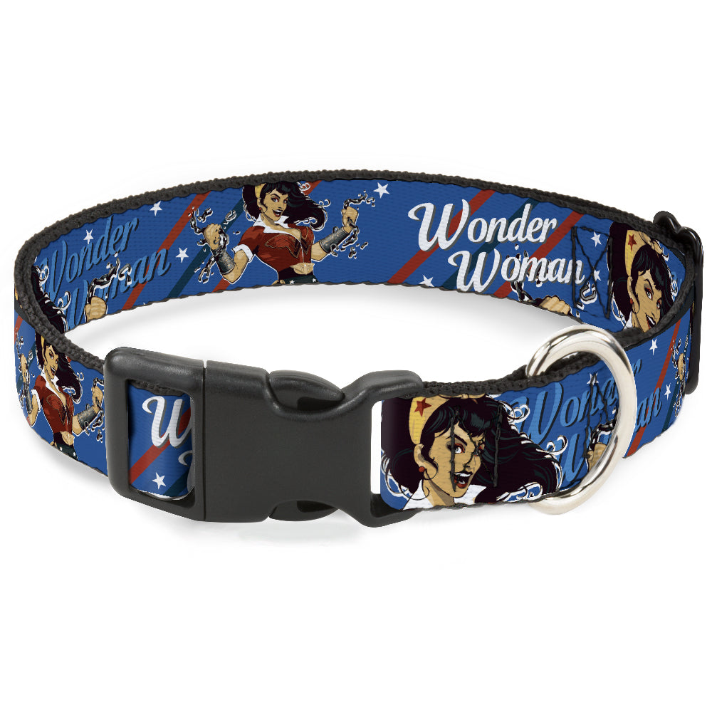 Plastic Clip Collar - WONDER WOMAN/Bombshell Pose Blue/Red/White Dog Collars Plastic Clip Side Release DC Comics