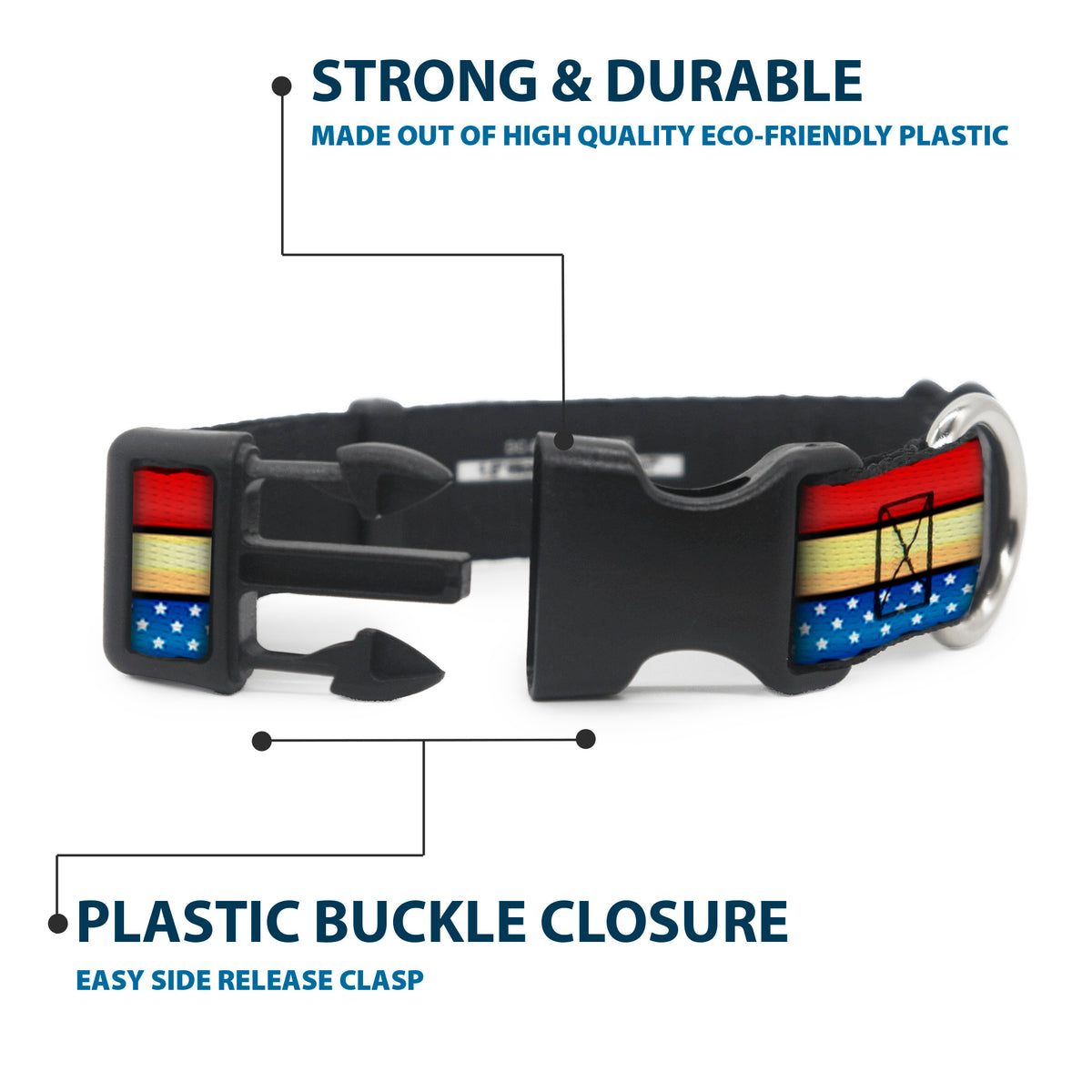 Plastic Clip Collar - Wonder Woman Stripe/Stars Red/Gold/Blue/White Dog Collars Plastic Clip Side Release DC Comics