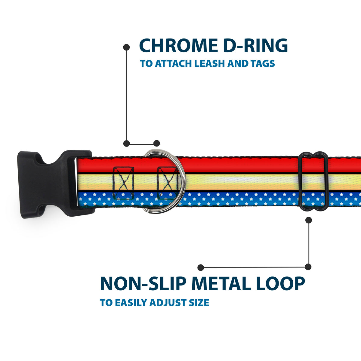 Plastic Clip Collar - Wonder Woman Stripe/Stars Red/Gold/Blue/White Dog Collars Plastic Clip Side Release DC Comics