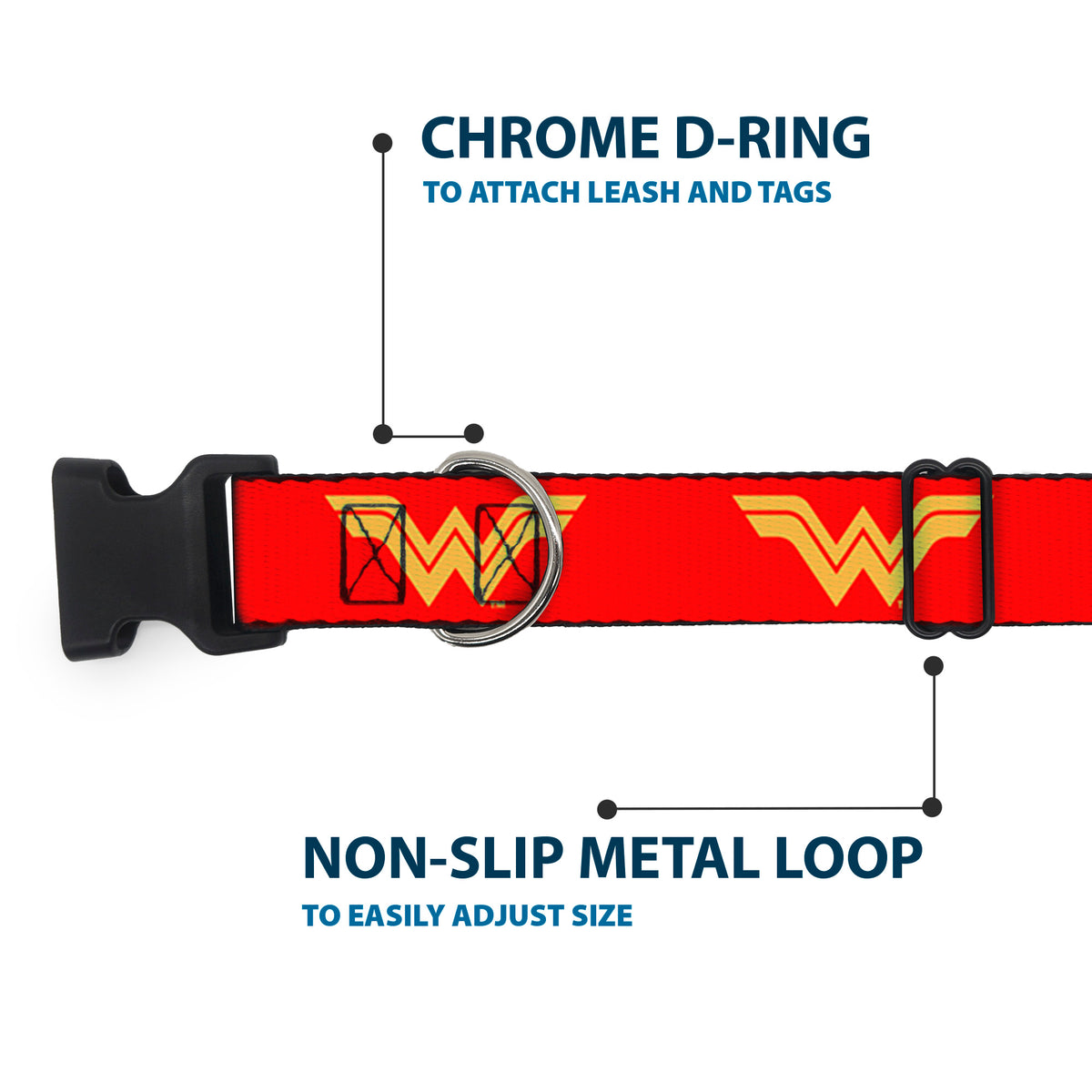 Plastic Clip Collar - DC League of Super-Pets Wonder Woman Logo Red/Yellow Dog Collars Plastic Clip Side Release DC Comics
