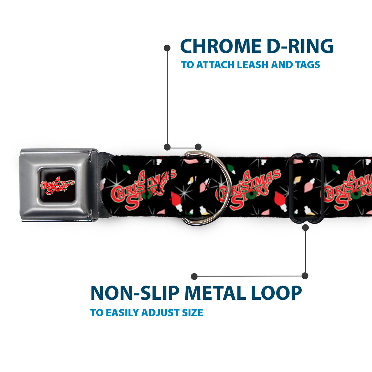 A CHRISTMAS STORY Wreath Logo Full Color Black/Red Seatbelt Buckle Collar - A CHRISTMAS STORY Title Logo and Lights Black/Reds Dog Collars Seatbelt Buckle A Christmas Story
