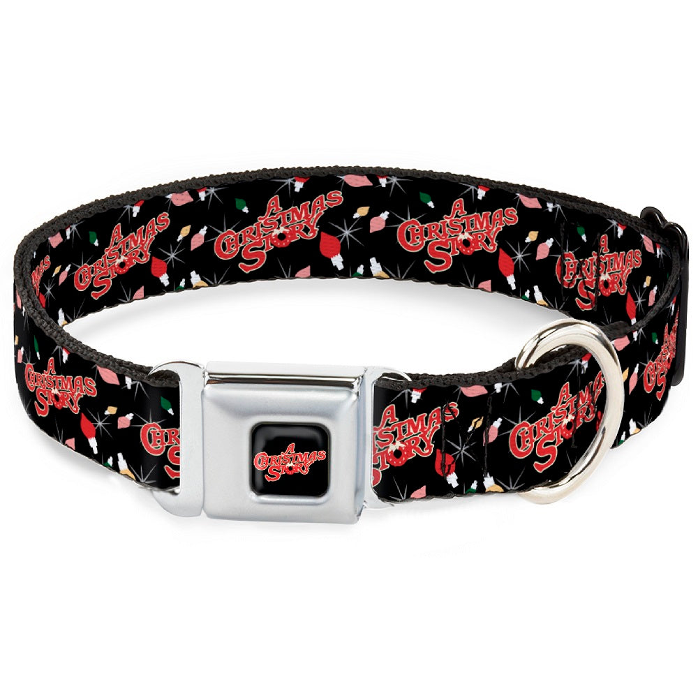 A CHRISTMAS STORY Wreath Logo Full Color Black/Red Seatbelt Buckle Collar - A CHRISTMAS STORY Title Logo and Lights Black/Reds Dog Collars Seatbelt Buckle A Christmas Story