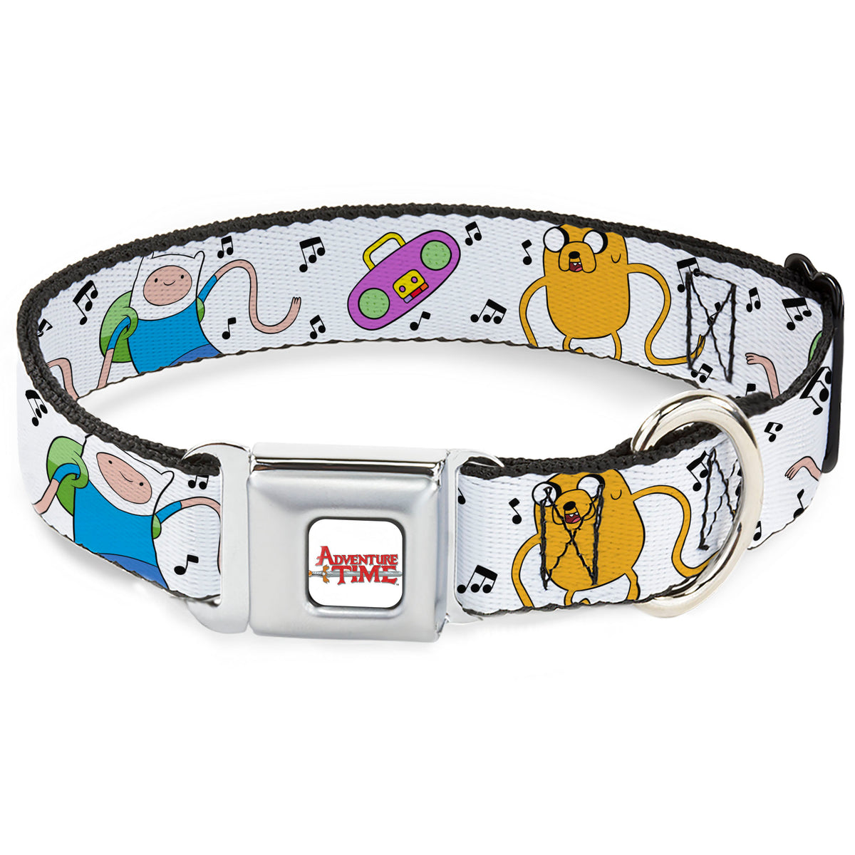 ADVENTURE TIME Title Logo Full Color White Seatbelt Buckle Collar - Adventure Time Finn and Jake Long Arms Dancing Pose White Dog Collars Seatbelt Buckle Adventure Time