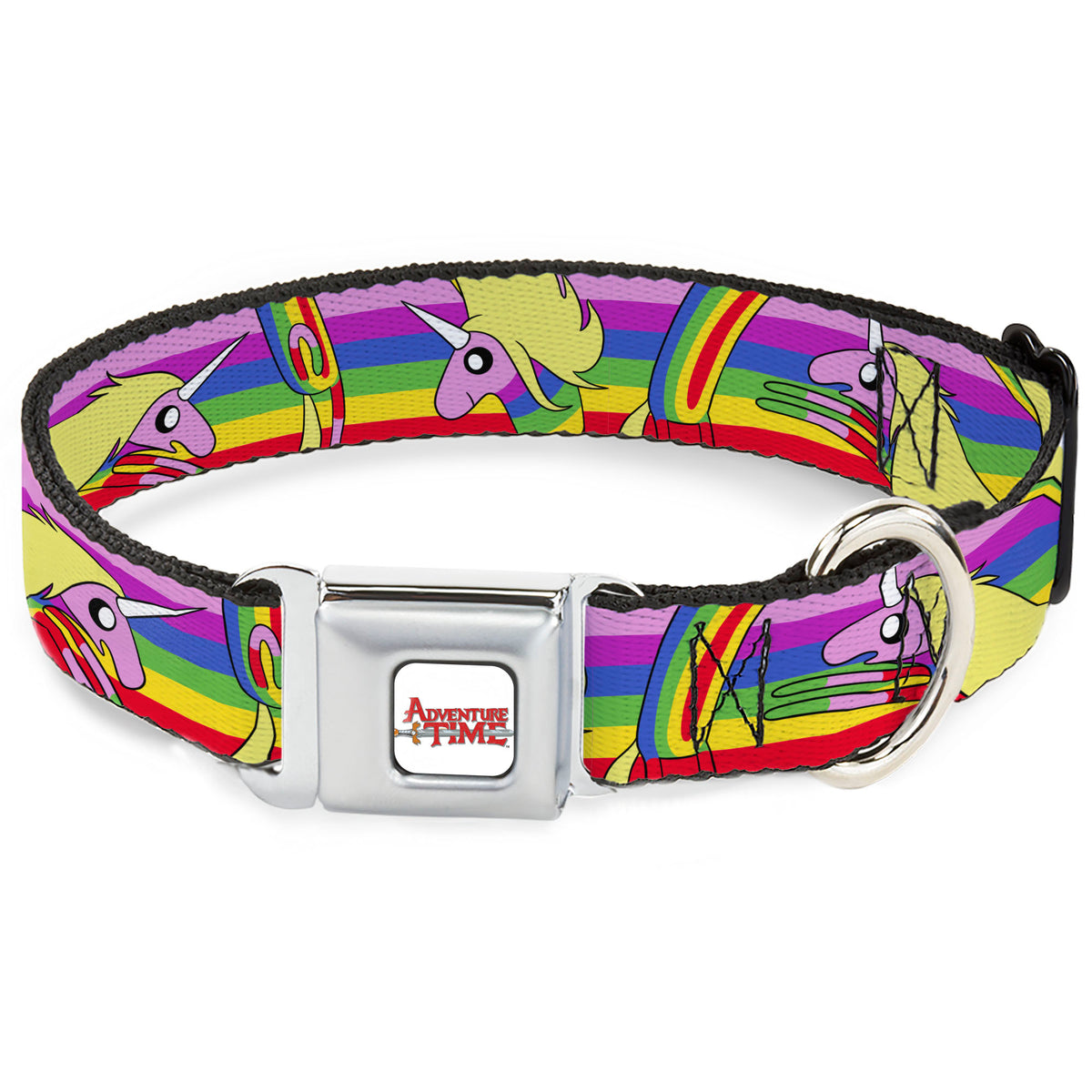 ADVENTURE TIME Title Logo Full Color White Seatbelt Buckle Collar - Adventure Time Lady Raincorn Poses Stripe Rainbow Dog Collars Seatbelt Buckle Adventure Time