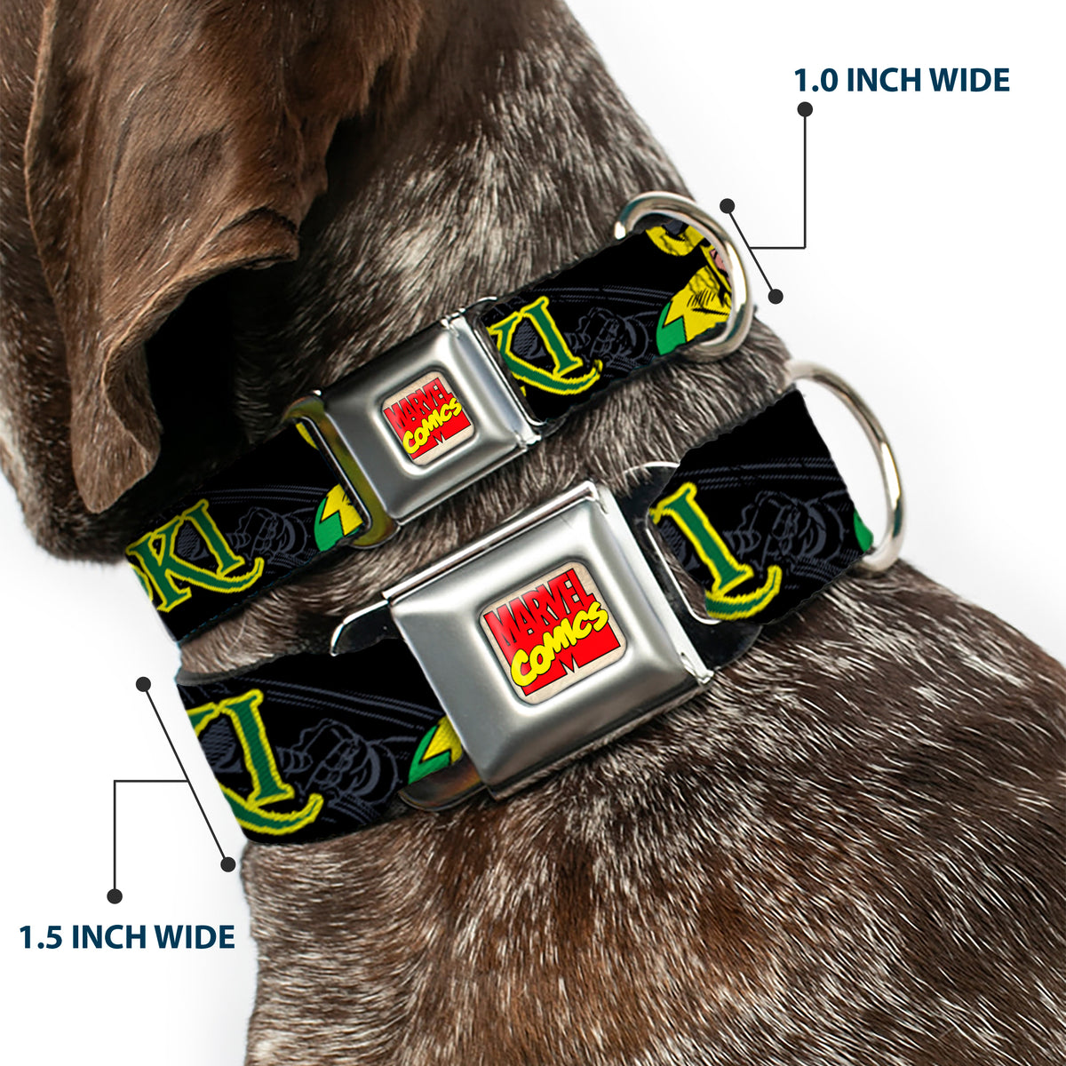 MARVEL COMICS Marvel Comics Logo Full Color Seatbelt Buckle Collar - LOKI in Action Black/Gray/Yellow/Green Dog Collars Seatbelt Buckle Marvel Comics