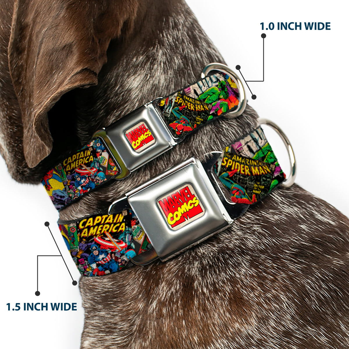 MARVEL COMICS Marvel Comics Logo Full Color Seatbelt Buckle Collar - Retro Marvel Comic Books Stacked CLOSE-UP Dog Collars Seatbelt Buckle Marvel Comics