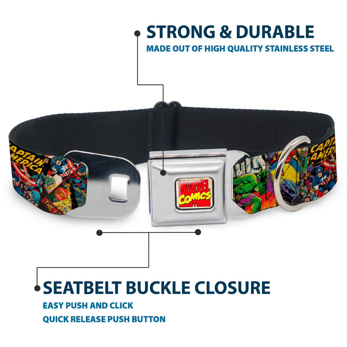 MARVEL COMICS Marvel Comics Logo Full Color Seatbelt Buckle Collar - Retro Marvel Comic Books Stacked CLOSE-UP Dog Collars Seatbelt Buckle Marvel Comics