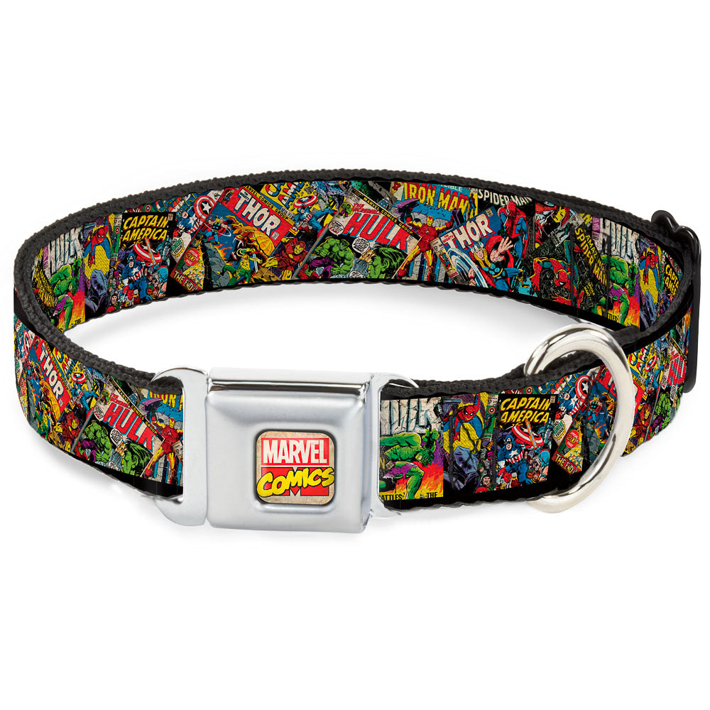 MARVEL COMICS Marvel Comics Logo Full Color Seatbelt Buckle Collar - Retro Marvel Comic Books Stacked CLOSE-UP Dog Collars Seatbelt Buckle Marvel Comics