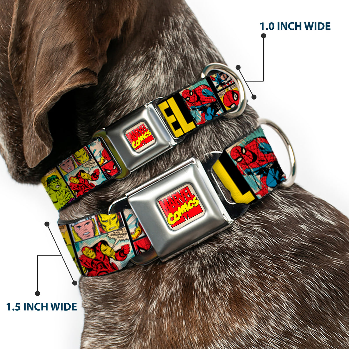 MARVEL COMICS Marvel Comics Logo Full Color Seatbelt Buckle Collar - MARVEL/Retro Comic Panels Black/Yellow Dog Collars Seatbelt Buckle Marvel Comics