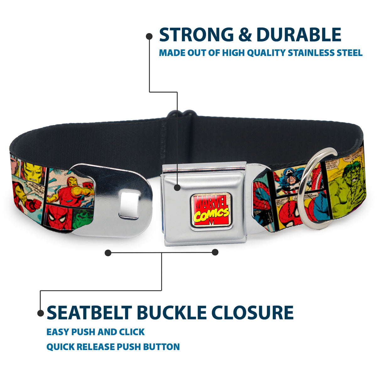 MARVEL COMICS Marvel Comics Logo Full Color Seatbelt Buckle Collar - MARVEL/Retro Comic Panels Black/Yellow Dog Collars Seatbelt Buckle Marvel Comics