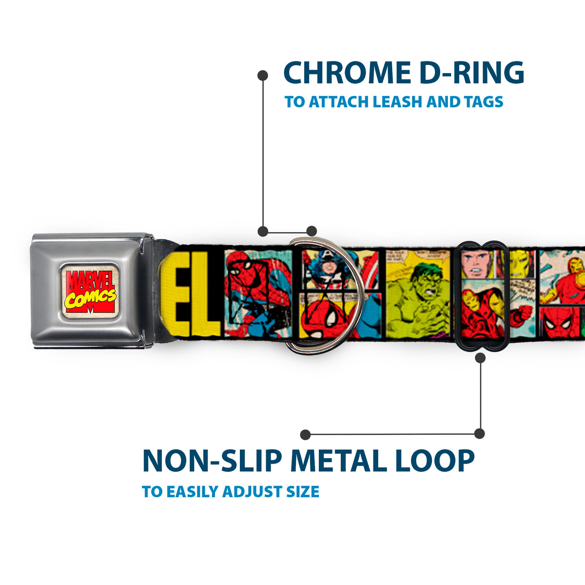 MARVEL COMICS Marvel Comics Logo Full Color Seatbelt Buckle Collar - MARVEL/Retro Comic Panels Black/Yellow Dog Collars Seatbelt Buckle Marvel Comics