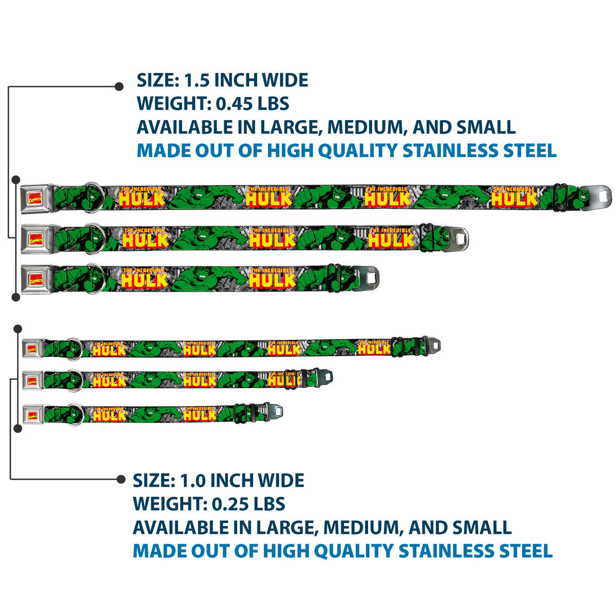 MARVEL COMICS Marvel Comics Logo Full Color Seatbelt Buckle Collar - THE INCREDIBLE HULK Action Poses/Stacked Comics Dog Collars Seatbelt Buckle Marvel Comics