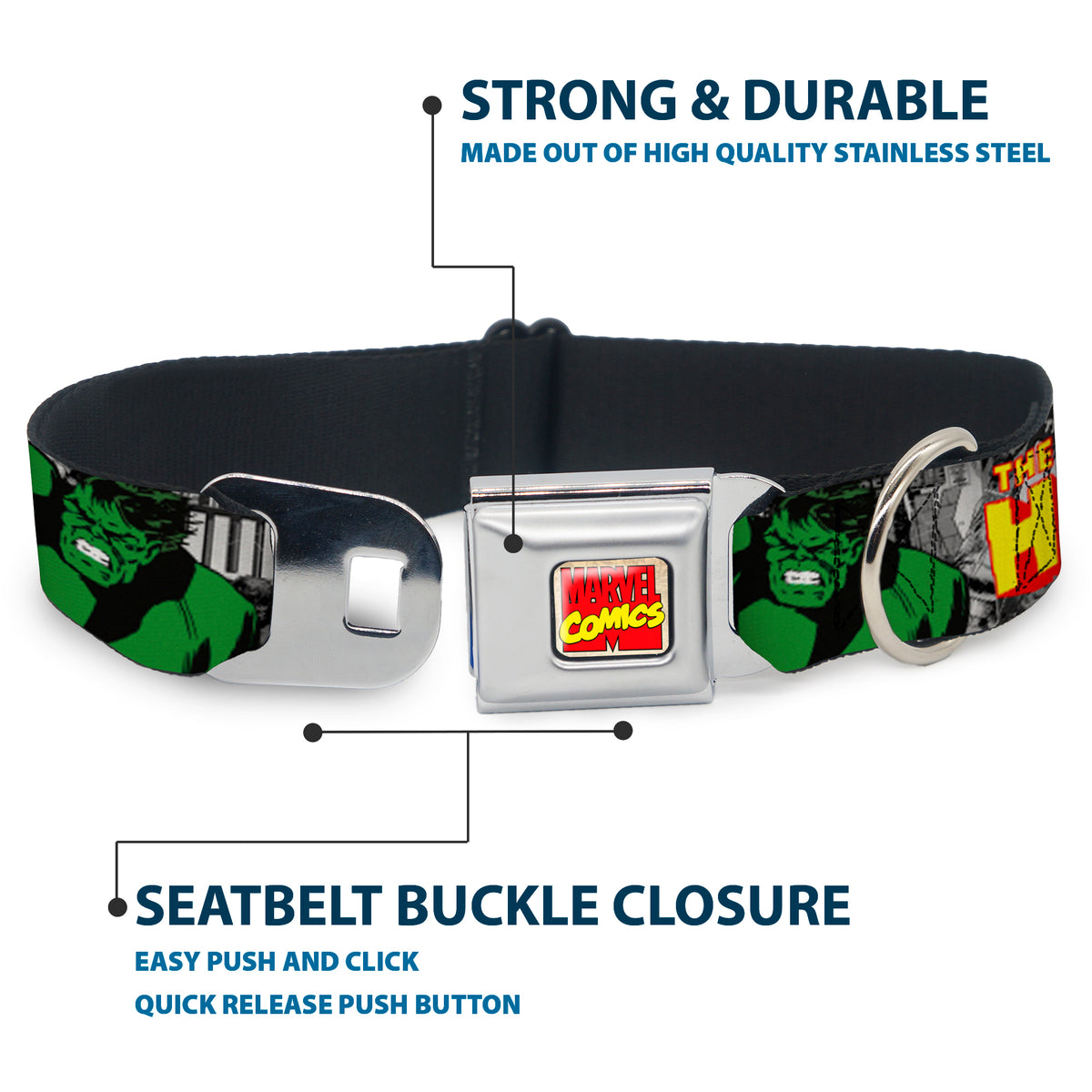 MARVEL COMICS Marvel Comics Logo Full Color Seatbelt Buckle Collar - THE INCREDIBLE HULK Action Poses/Stacked Comics Dog Collars Seatbelt Buckle Marvel Comics