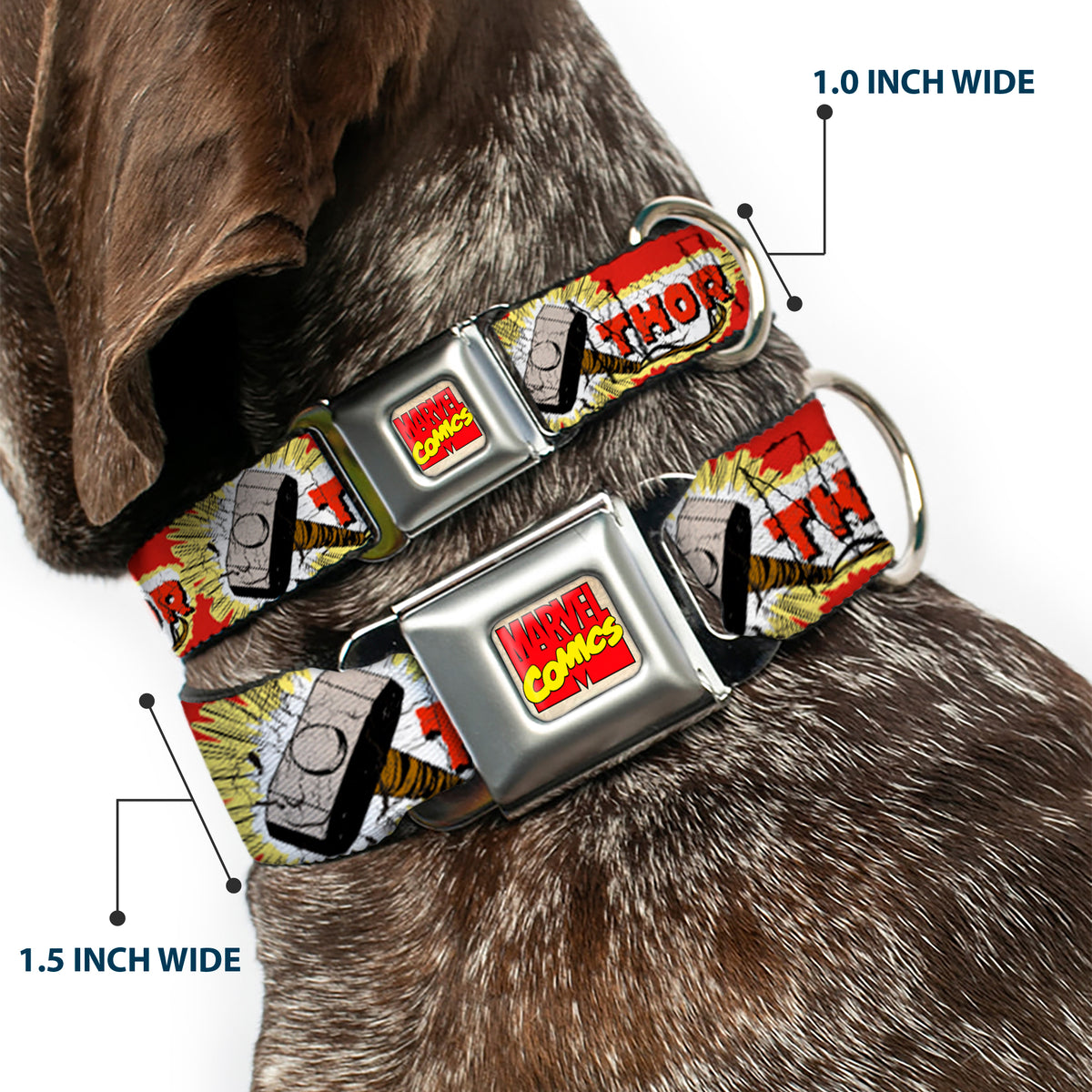 MARVEL COMICS Marvel Comics Logo Full Color Seatbelt Buckle Collar - THOR & Hammer Red/Yellow/White Dog Collars Seatbelt Buckle Marvel Comics