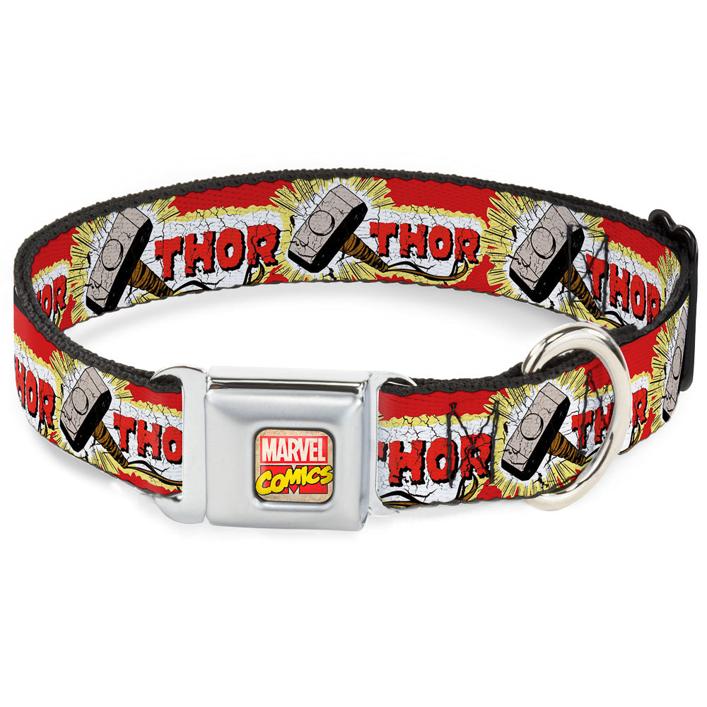 MARVEL COMICS Marvel Comics Logo Full Color Seatbelt Buckle Collar - THOR & Hammer Red/Yellow/White Dog Collars Seatbelt Buckle Marvel Comics