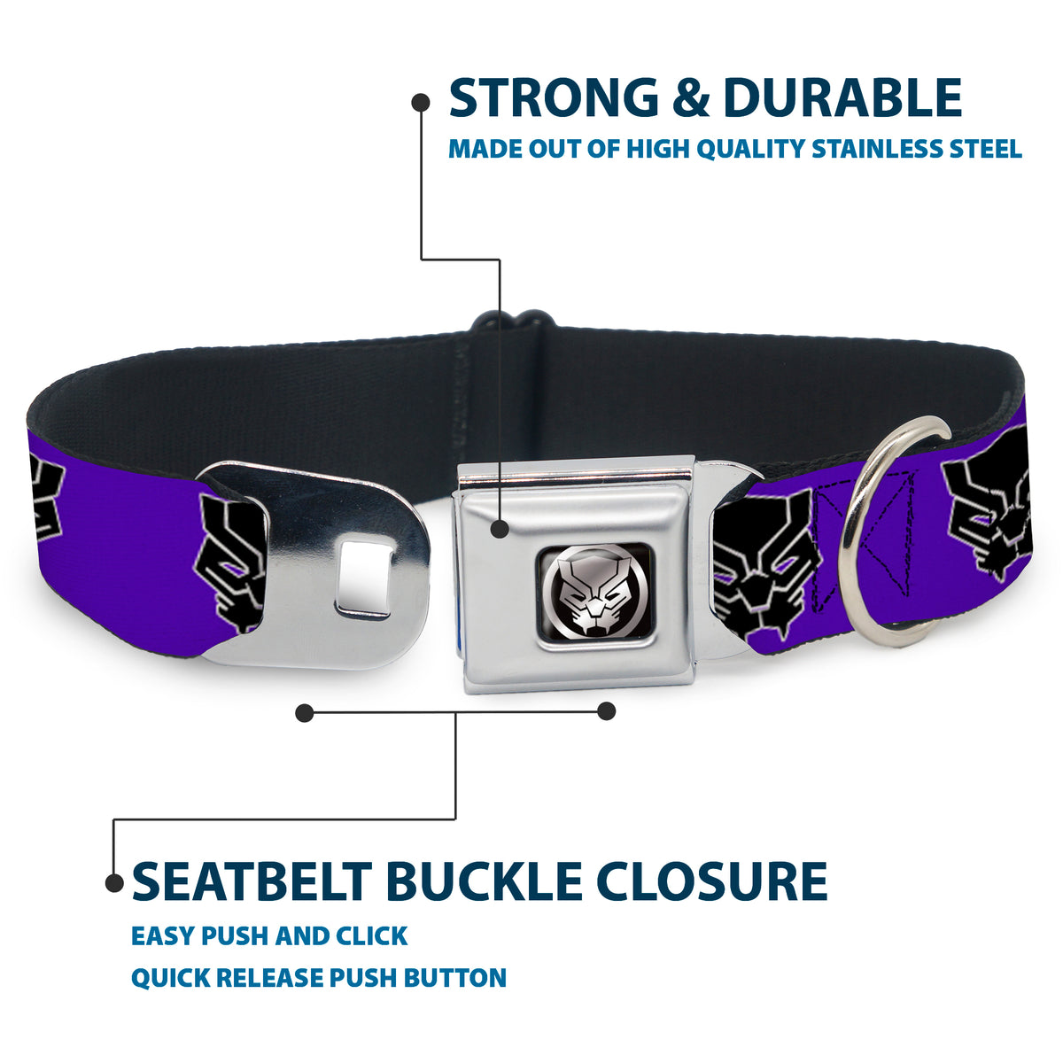 Seatbelt Buckle Collar - Black Panther Avengers Icon Purple/White/Black Dog Collars Seatbelt Buckle Marvel Comics