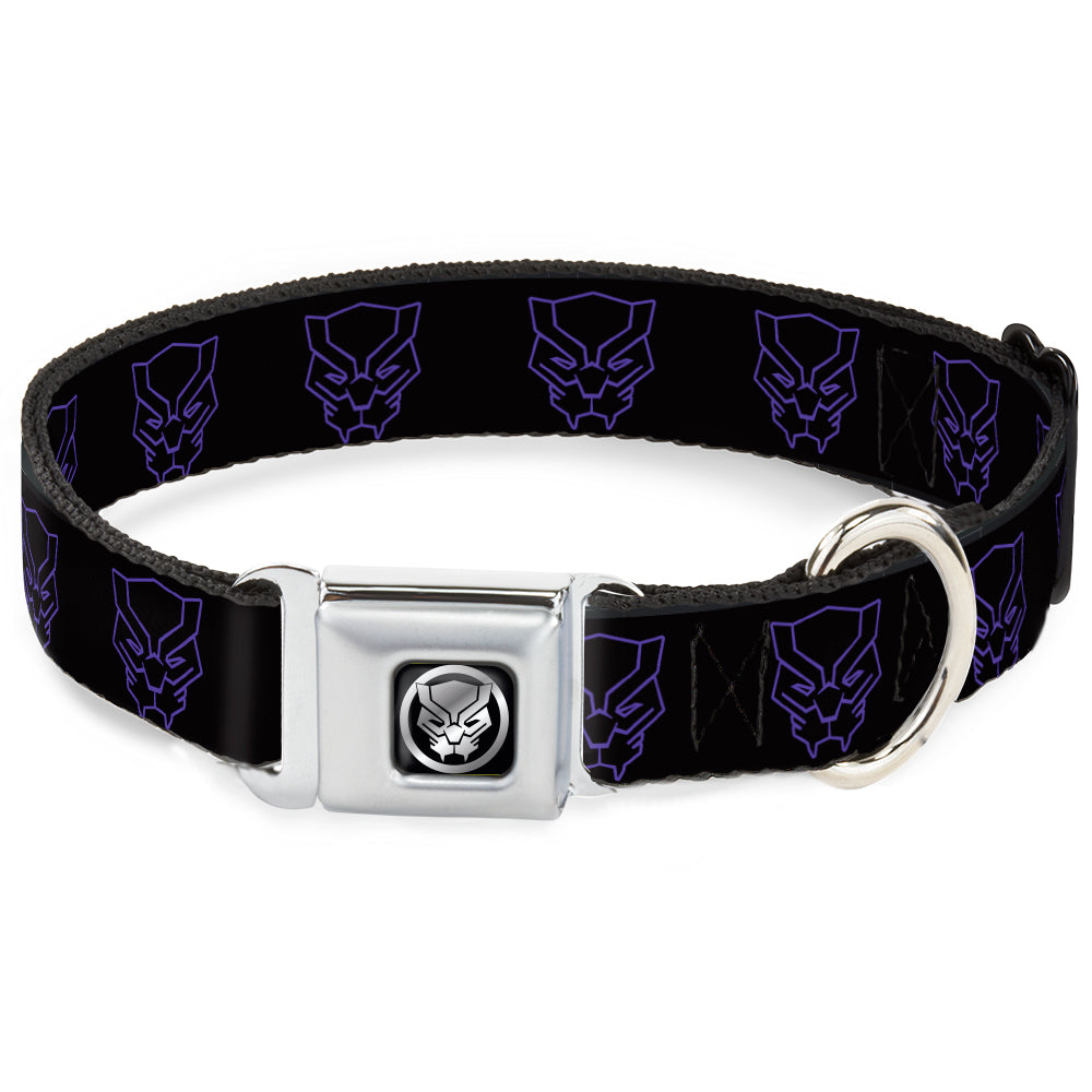 Black Panther Avengers Icon Black/Silver Seatbelt Buckle Collar - Black Panther Avengers Icon Outline Black/Purple Dog Collars Seatbelt Buckle Marvel Comics