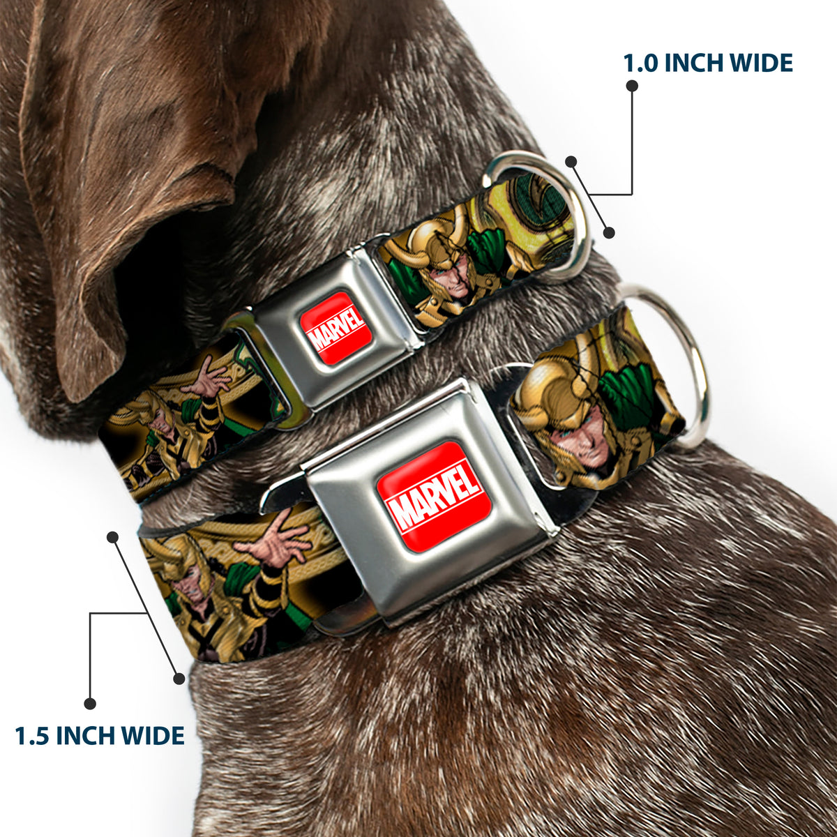 MARVEL UNIVERSE MARVEL Full Color Red White Seatbelt Buckle Collar - LOKI Poses Black/Gold/Green Dog Collars Seatbelt Buckle Marvel Comics
