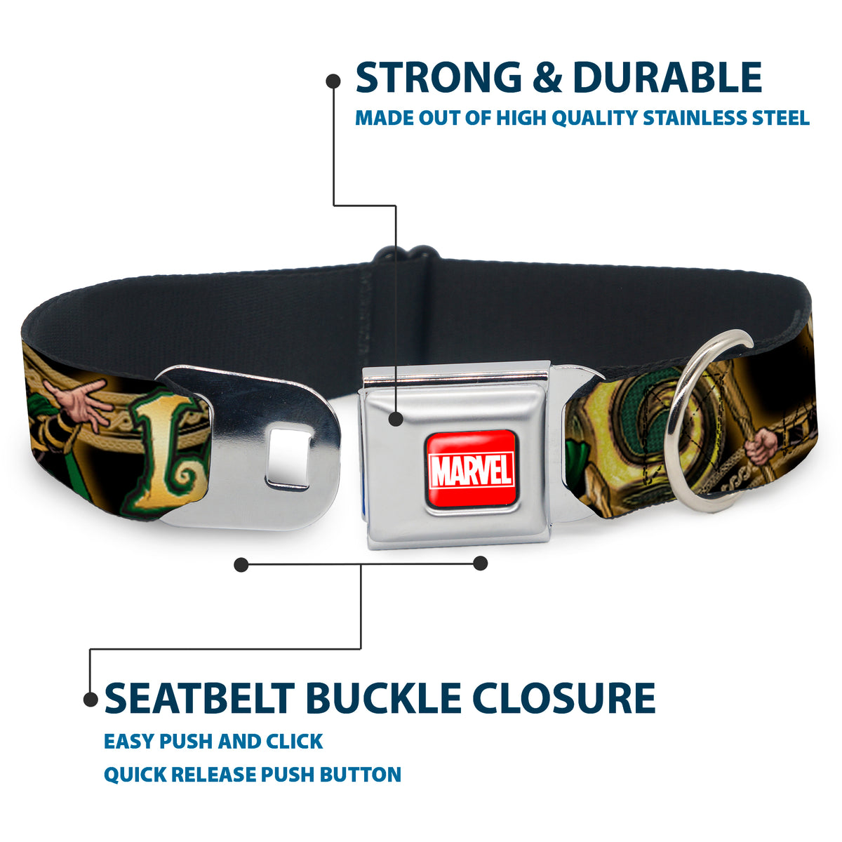 MARVEL UNIVERSE MARVEL Full Color Red White Seatbelt Buckle Collar - LOKI Poses Black/Gold/Green Dog Collars Seatbelt Buckle Marvel Comics