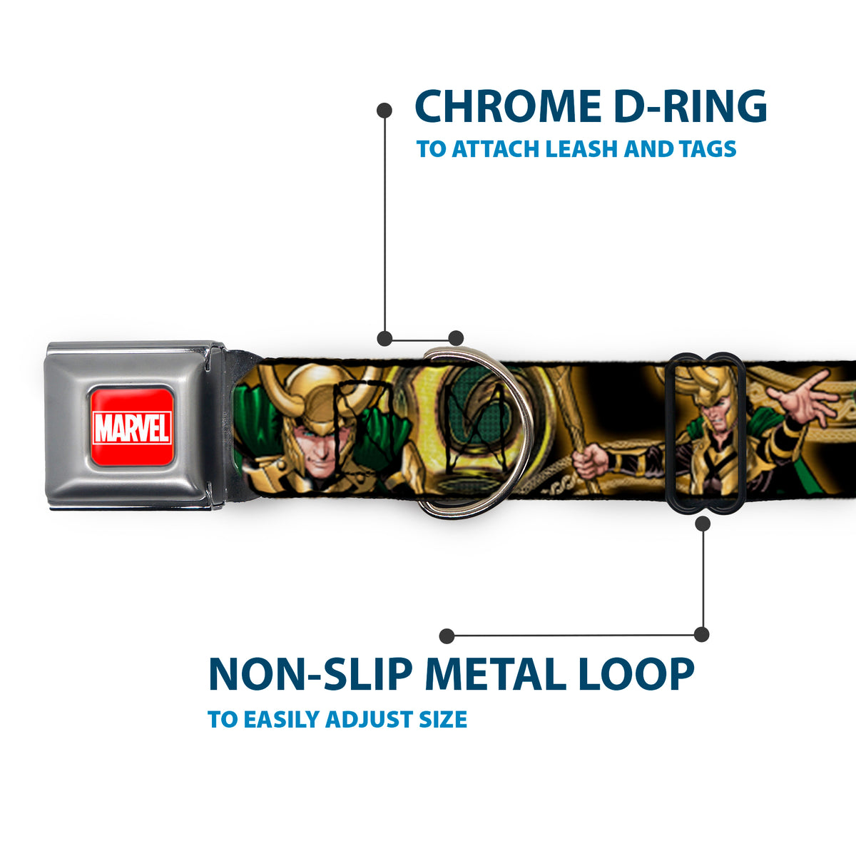 MARVEL UNIVERSE MARVEL Full Color Red White Seatbelt Buckle Collar - LOKI Poses Black/Gold/Green Dog Collars Seatbelt Buckle Marvel Comics