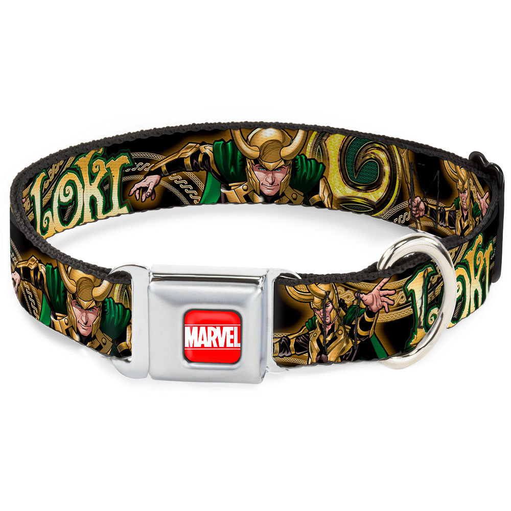 MARVEL UNIVERSE MARVEL Full Color Red White Seatbelt Buckle Collar - LOKI Poses Black/Gold/Green Dog Collars Seatbelt Buckle Marvel Comics